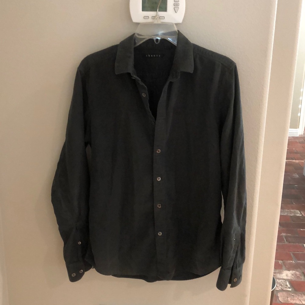 Theory button up dark green grey